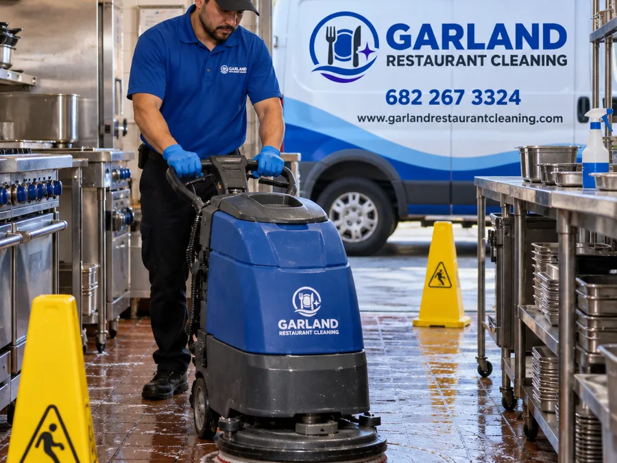 Cleaner using a floor scrubber in a restaurant kitchen after close with safety cones placed