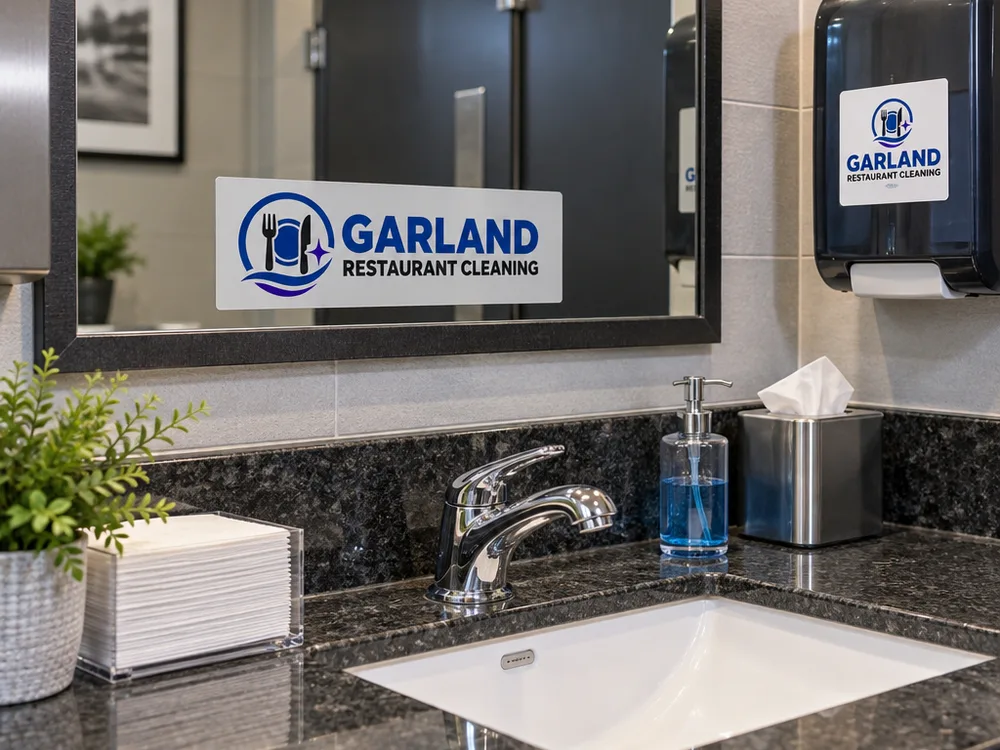 Sanitized restaurant restroom sink area with polished mirror and stocked dispensers